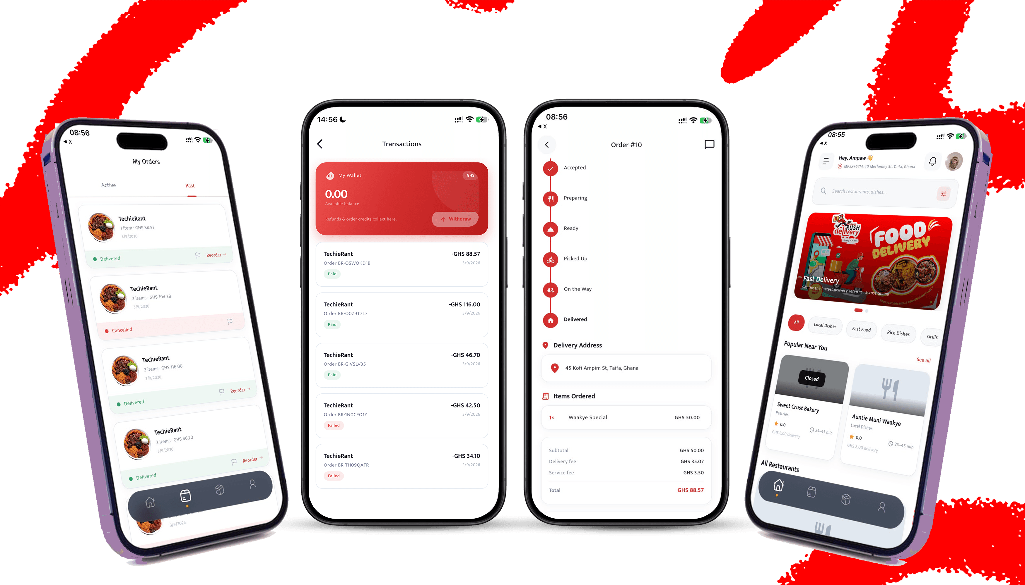 Bagyes RUSH customer app screens — orders, wallet, order tracking, and home feed