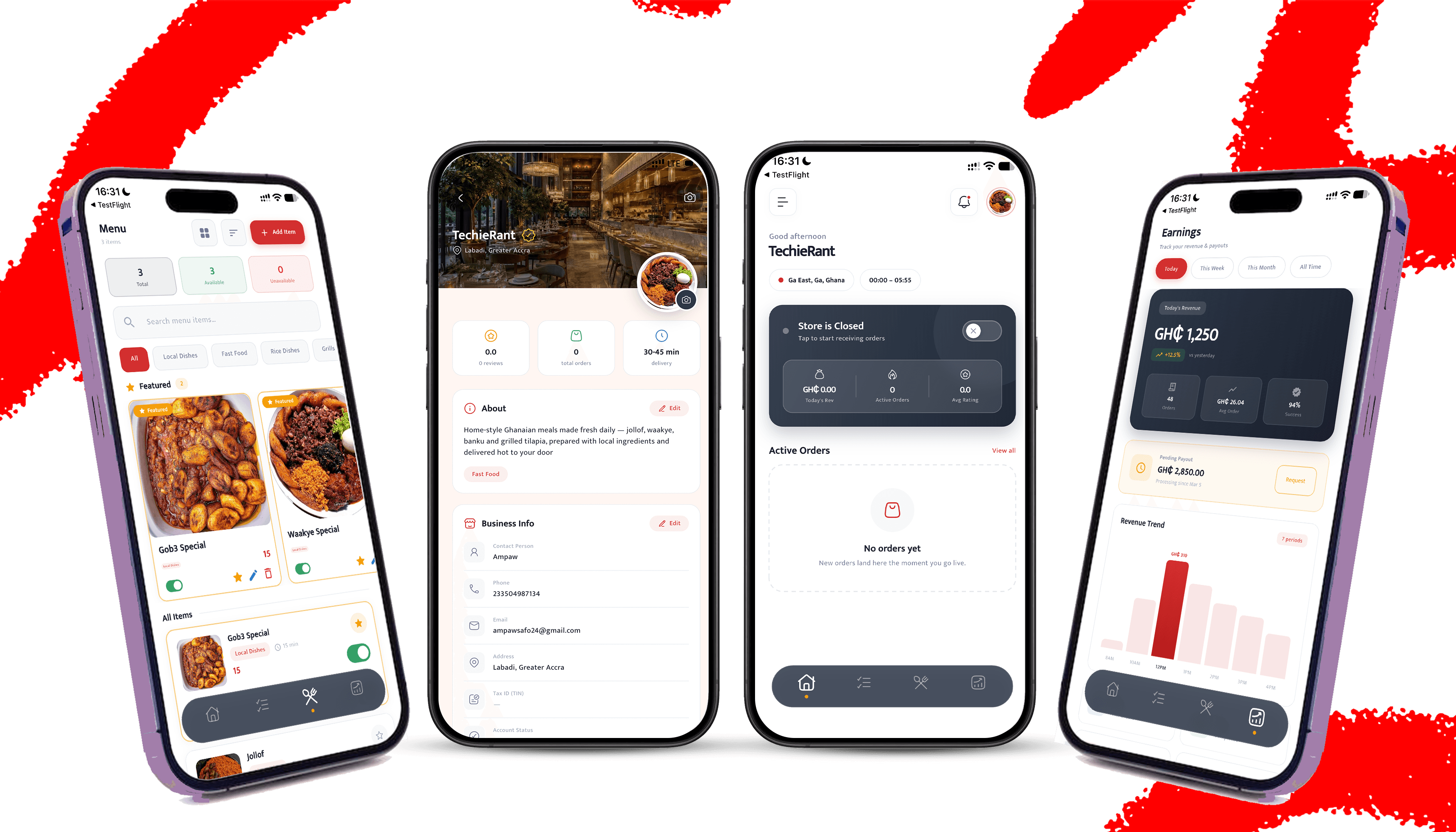 Bagyes RUSH vendor app screens — menu management, restaurant profile, orders, and earnings